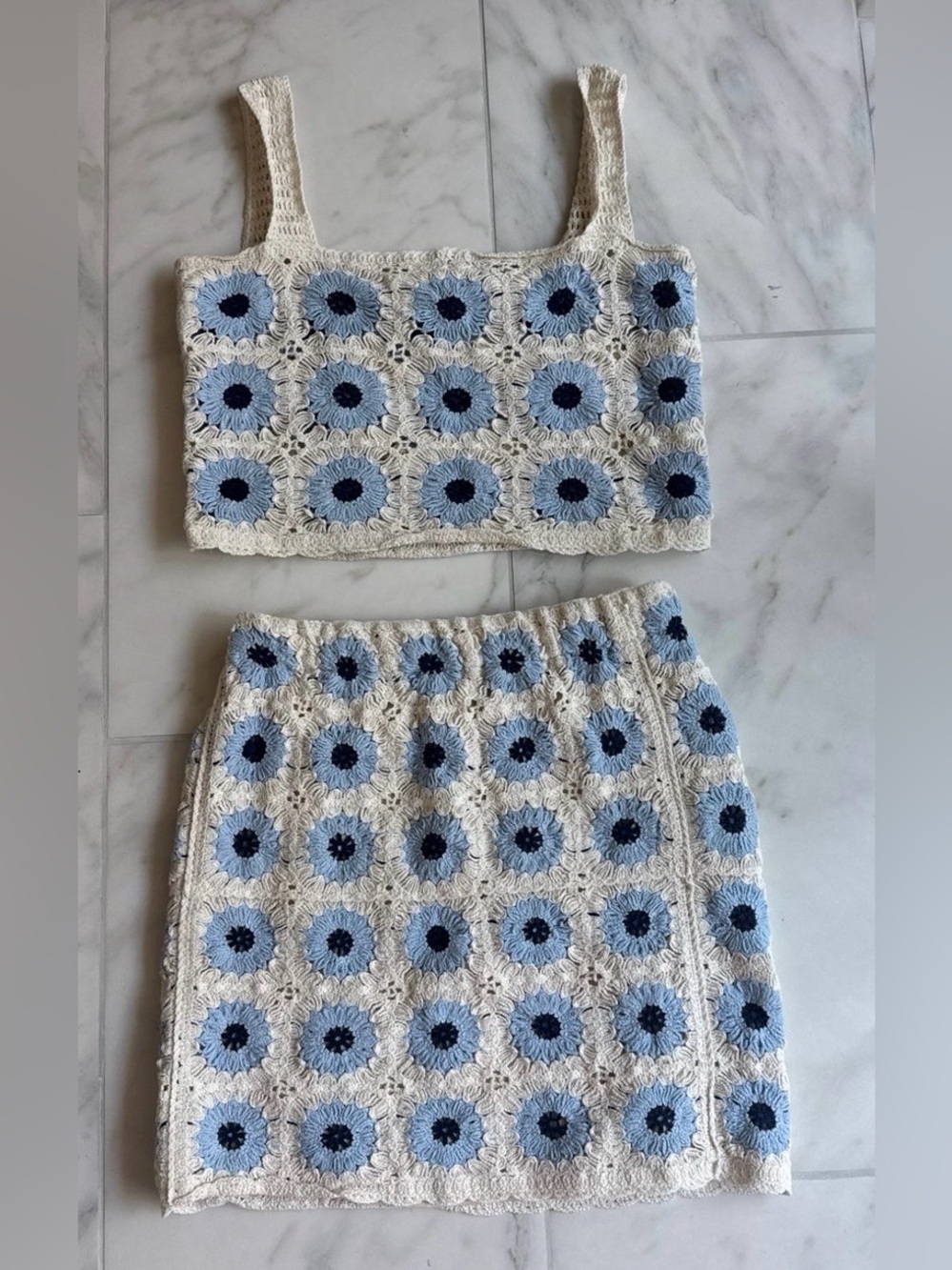 Blue/Cream Crochet crop top and skirt set